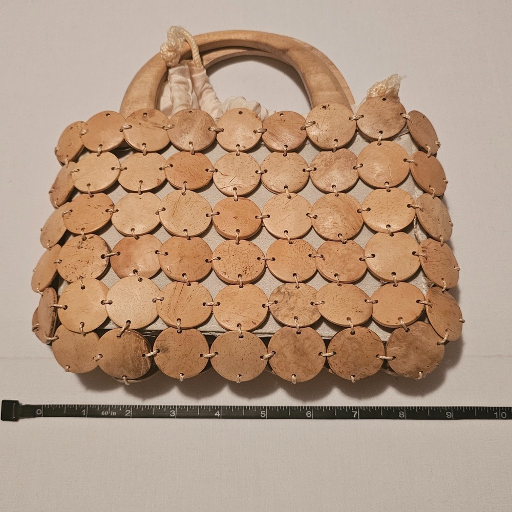 Vintage Wood Disk Beaded Light Brown 2 Top Handles Bag  with Boho Vibes - Picture 11 of 12